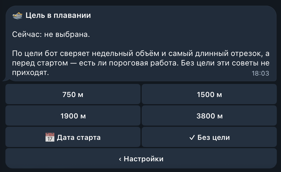 Выбор цели в плавании: 750, 1500, 1900 или 3800 метров и дата старта